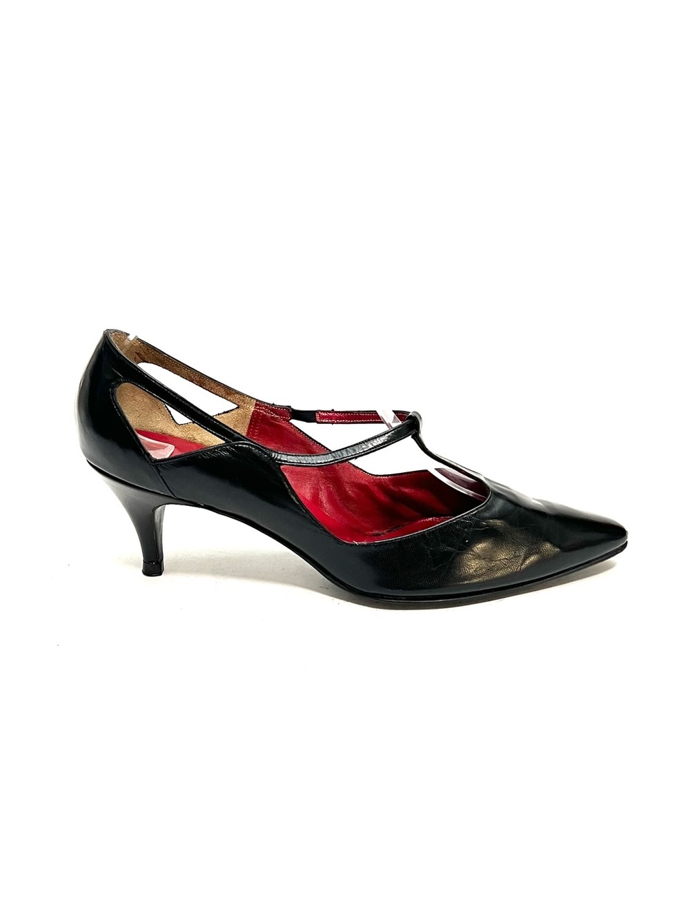 Vintage 1950s black leather zig zag t strap pointed toe witchy goth heels